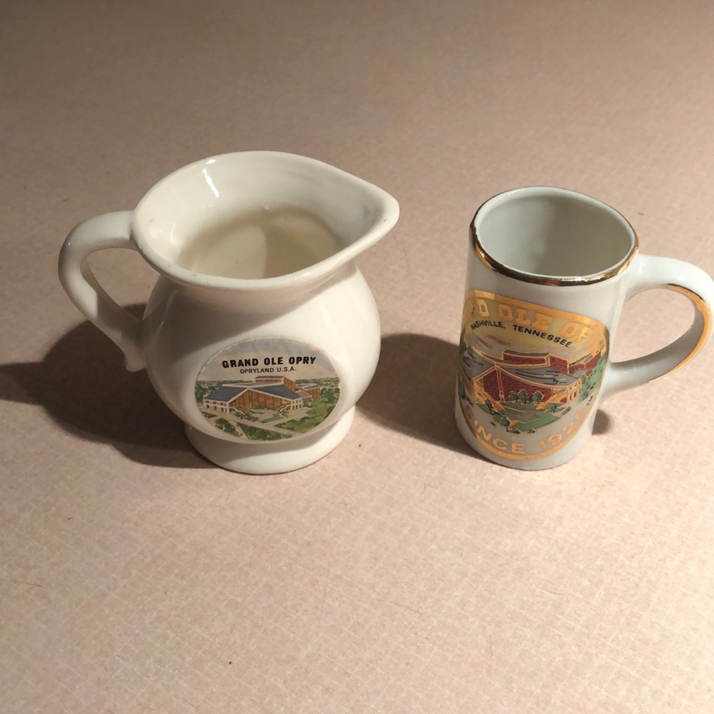 2 Miniature Grand Ole Opry Pitchers. Approximately 2 1/2” high. Real gold trim.